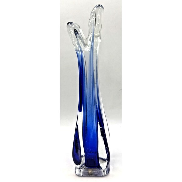 Vintage Walls flower MCM Cobalt Blue 4 Finger Swung Stretch Glass Vase 9.5” Tall - Picture 2 of 7